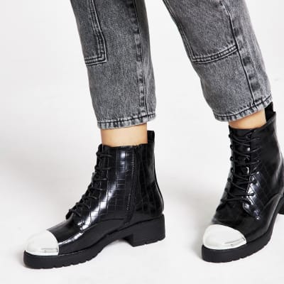 Black croc embossed lace-up boots 