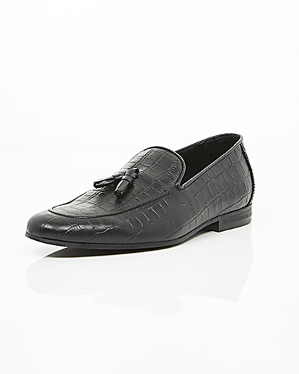 360 degree animation of product Black croc embossed leather loafers frame-1