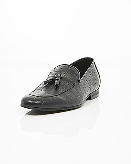 360 degree animation of product Black croc embossed leather loafers frame-2