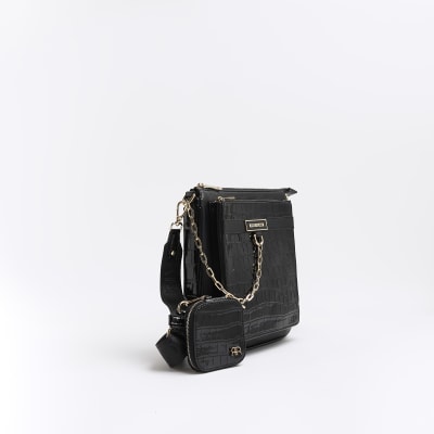 Black croc embossed messenger bag River Island