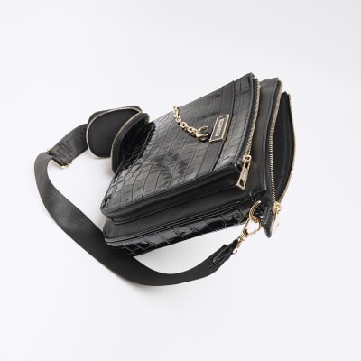 Black croc embossed messenger bag River Island