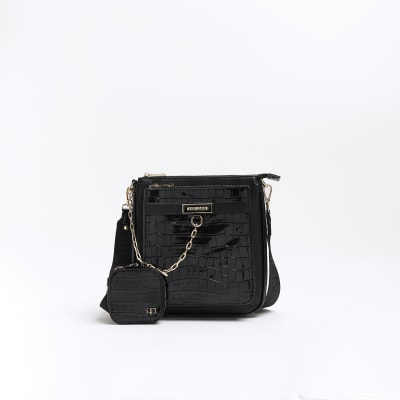 River Island embossed cross body bag with pouch in black