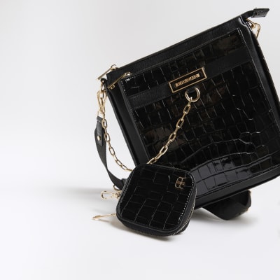 River Island RI Monogram Embossed Messenger Bag - Black