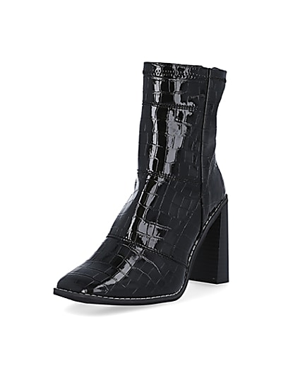 360 degree animation of product Black croc embossed patent sock boots frame-0