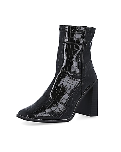 360 degree animation of product Black croc embossed patent sock boots frame-1