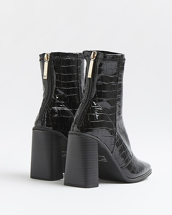 Black croc embossed patent sock boots