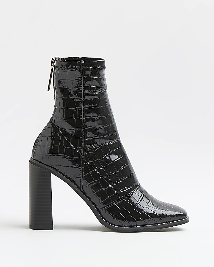 Black croc embossed patent sock boots