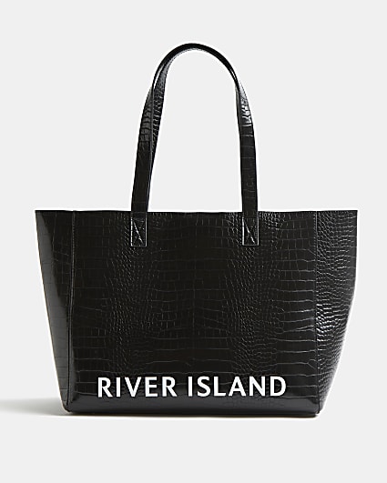 Black croc embossed RI logo shopper bag