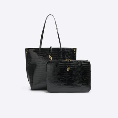 Black croc embossed shopper and laptop case River Island
