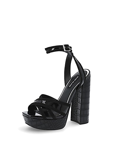 360 degree animation of product Black croc embossed strap platform heels frame-1