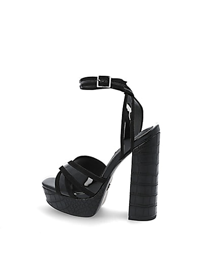 360 degree animation of product Black croc embossed strap platform heels frame-4