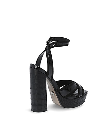 360 degree animation of product Black croc embossed strap platform heels frame-13