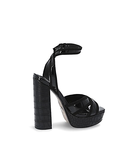 360 degree animation of product Black croc embossed strap platform heels frame-14