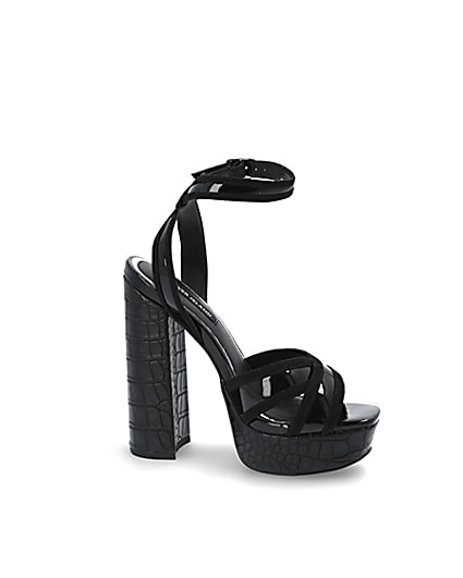 360 degree animation of product Black croc embossed strap platform heels frame-16