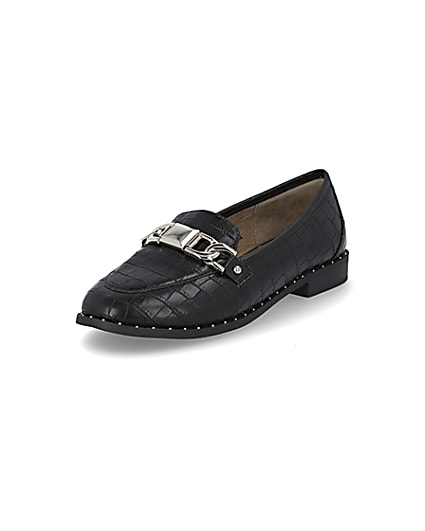360 degree animation of product Black croc embossed studded loafers frame-3
