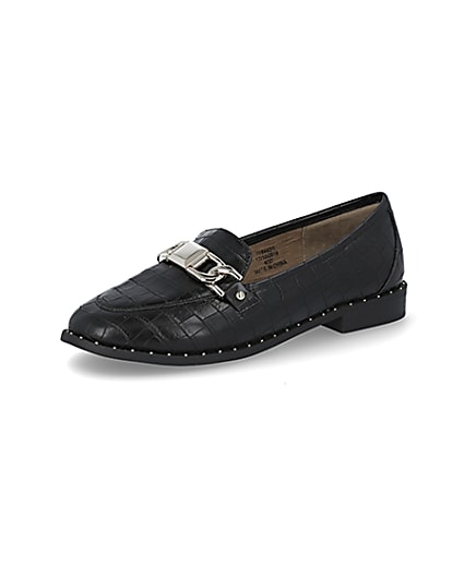 360 degree animation of product Black croc embossed studded loafers frame-4