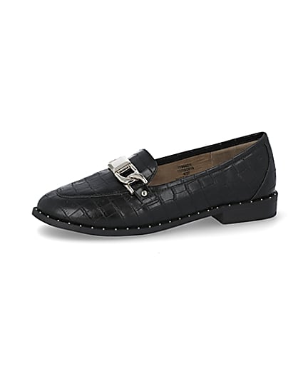 360 degree animation of product Black croc embossed studded loafers frame-5