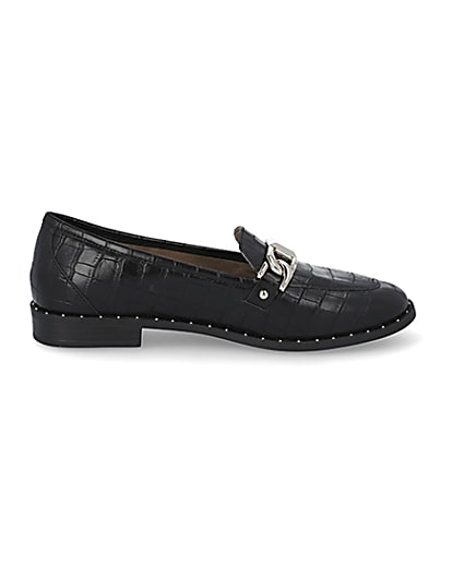 360 degree animation of product Black croc embossed studded loafers frame-18