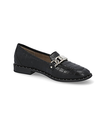 360 degree animation of product Black croc embossed studded loafers frame-20