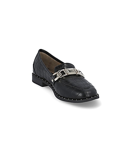360 degree animation of product Black croc embossed studded loafers frame-22