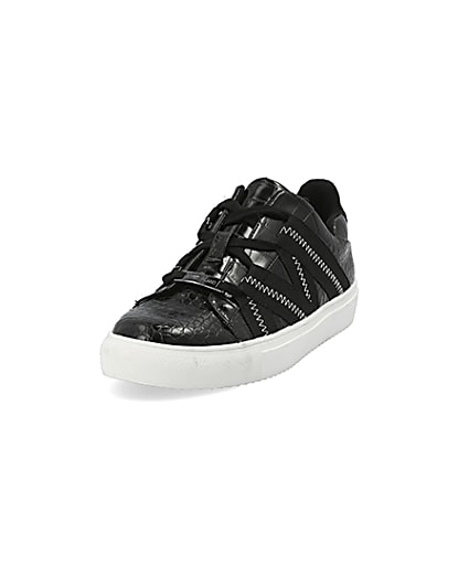 360 degree animation of product Black croc embossed tape lace-up trainers frame-0