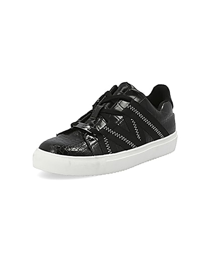 360 degree animation of product Black croc embossed tape lace-up trainers frame-1