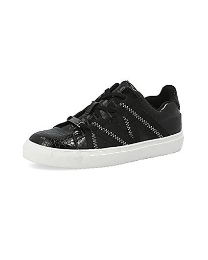 360 degree animation of product Black croc embossed tape lace-up trainers frame-2
