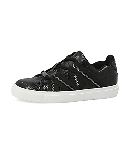 360 degree animation of product Black croc embossed tape lace-up trainers frame-3