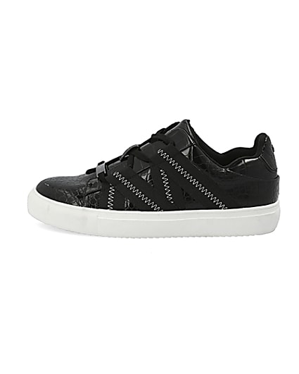 360 degree animation of product Black croc embossed tape lace-up trainers frame-4