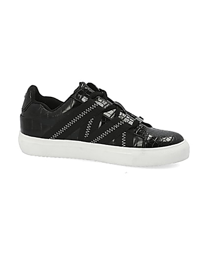 360 degree animation of product Black croc embossed tape lace-up trainers frame-17