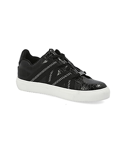 360 degree animation of product Black croc embossed tape lace-up trainers frame-18