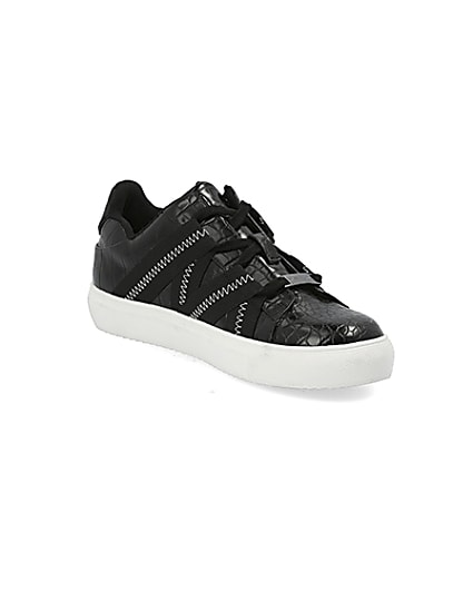 360 degree animation of product Black croc embossed tape lace-up trainers frame-19