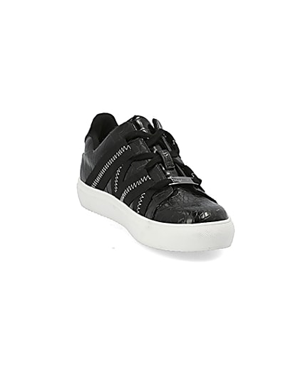 360 degree animation of product Black croc embossed tape lace-up trainers frame-20