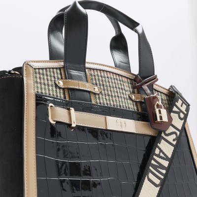 Black croc detail 2025 lock front tote bag