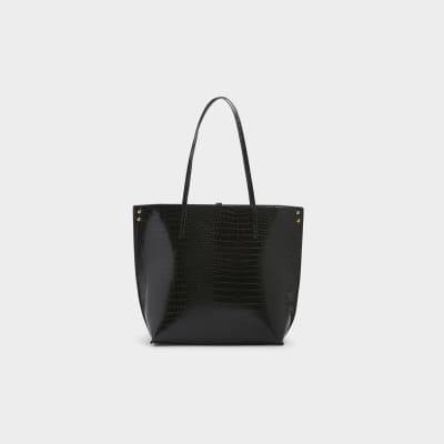 Black croc embossed tote bag River Island