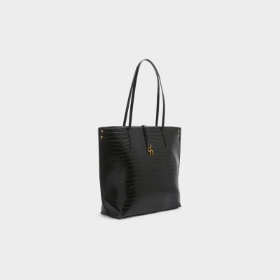 Black croc embossed tote bag River Island