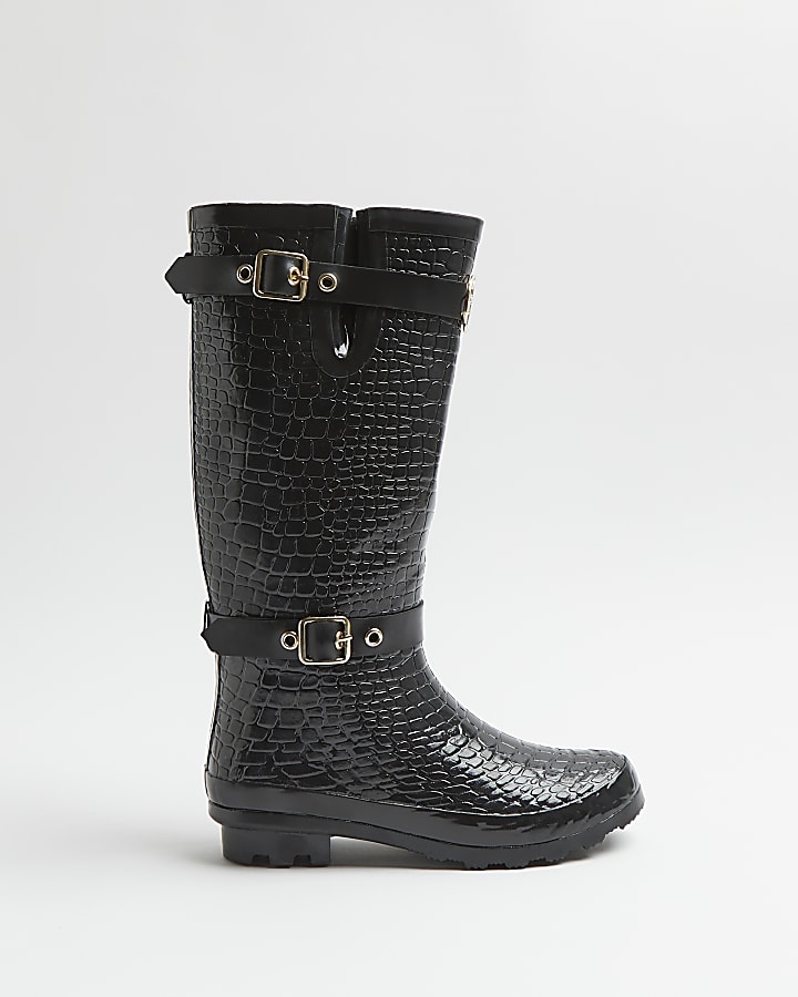 Black croc embossed wellington boots