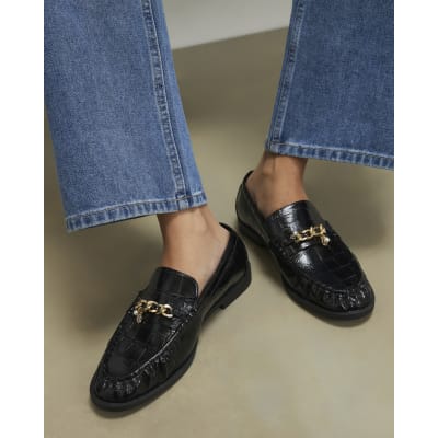 Black Croc Gold Chain Loafers