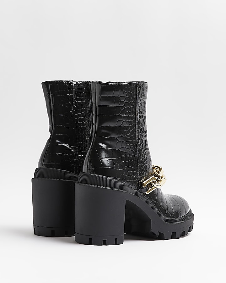Black croc heeled ankle boots