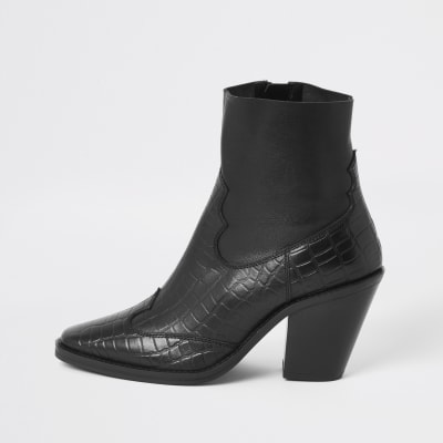 black leather western ankle boots