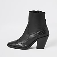 Black croc leather western ankle boots