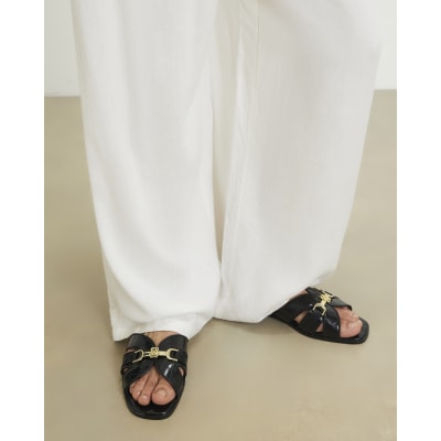 Black Croc Print Flat Sandals