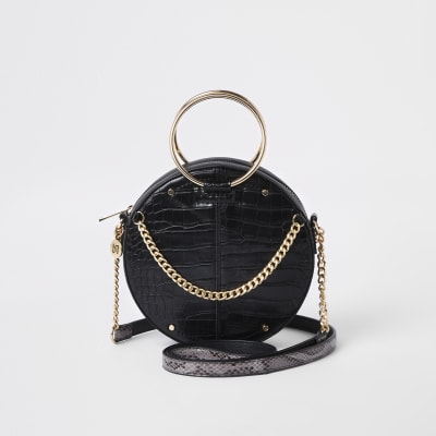Black croc ring handle circle cross body bag