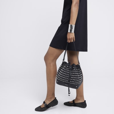 Black crochet beaded bucket cross body bag | River Island