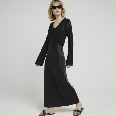 River Island Womens Black Crochet Cardigan And Slip Maxi Dress