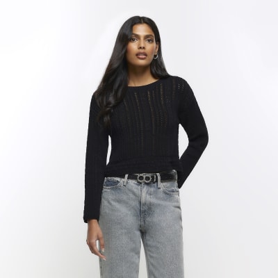 Black crochet crop jumper River Island