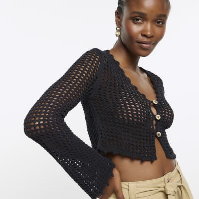 Black crochet outlet top long sleeve