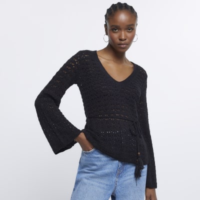 Black crochet long sleeve top | River Island