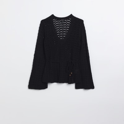 Black crochet long sleeve top River Island