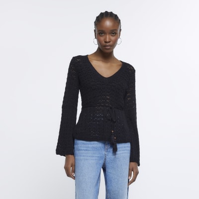 Black crochet long sleeve top